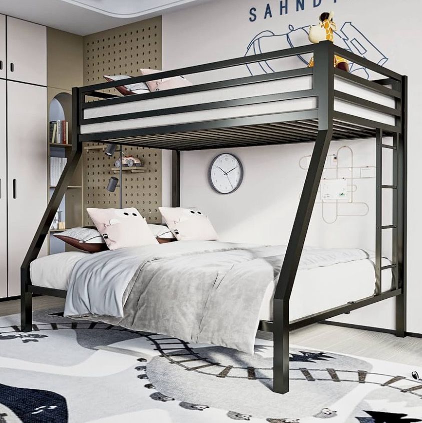 Metal Bunk Bed, Twin Over Full Size Beds with Sturdy Guard Rail & Removable Ladder, Space-Saving/Noise-Free/Matte Black