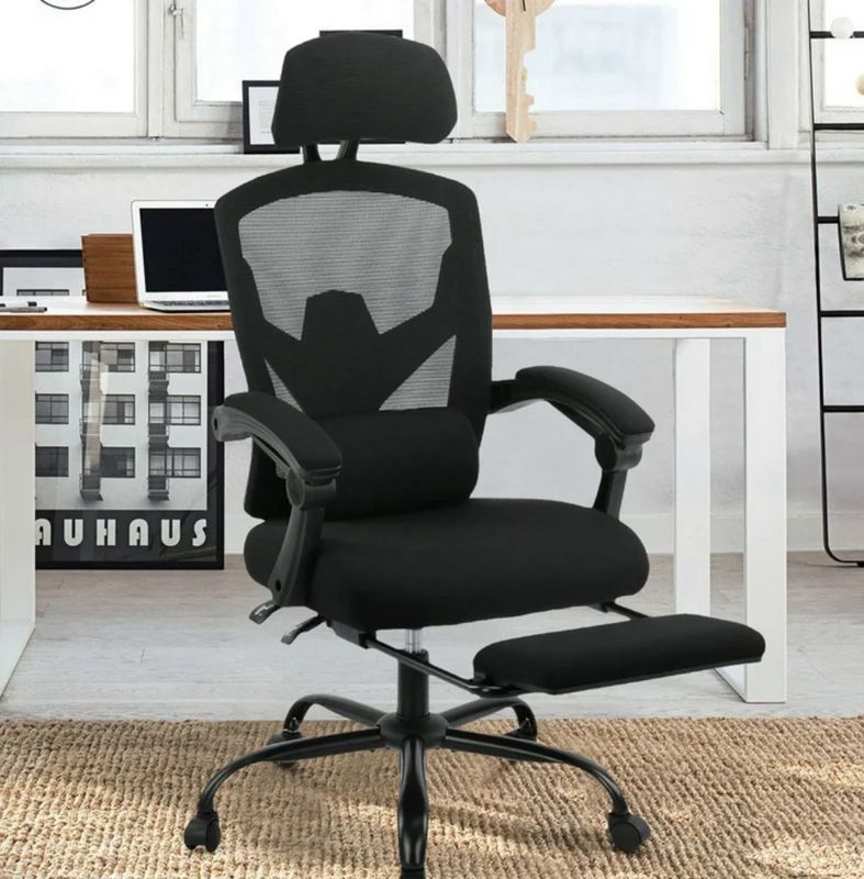 Office Ergonomic Mesh Black Computer Chair with Retractable Footrest and Head Support For Adult