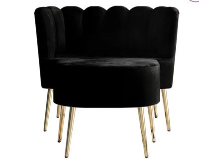 30” Wide Scalloped Tufted Piece Velvet Barrel Chair With Ottoman   With Gold Metal Legs