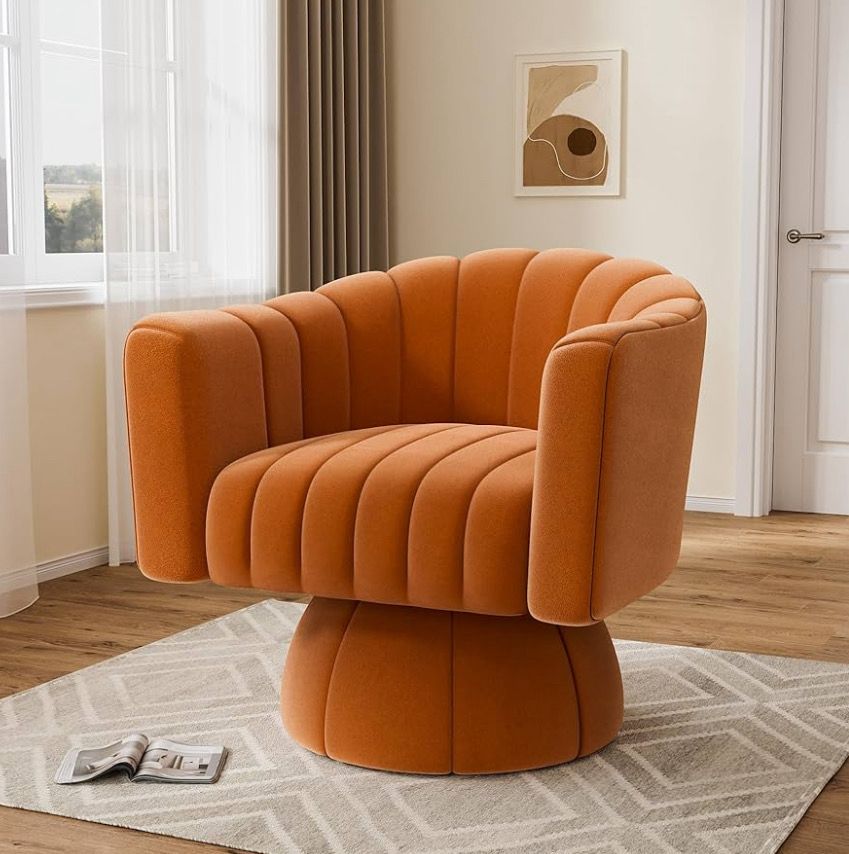 Swivel Barrel Accent Chair, Mid Century Modern Comfy Velvet Armchair, 360 Degree Upholstered Round Reading Lounge Chair for Vanity Bedroom, Living Room, Office, Orange Velvet