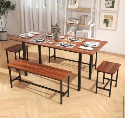 5 PCS Walnut Metal Outdoor Dining Table Set for 4-6 with 2 Benches and 2 Stools