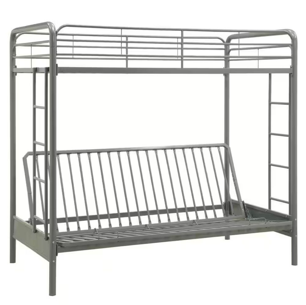 Twin over Futon Metal Bunk Bed, Silver