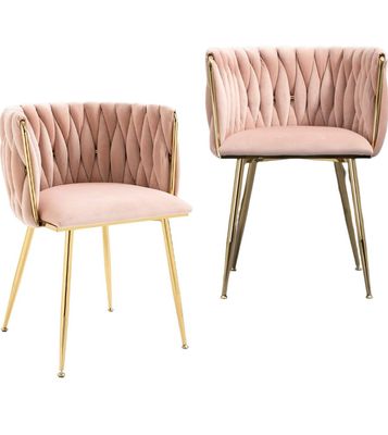 Velvet Accent Chair, Modern Dining Chair with Arms, Set of 2, Upholstered Living Room Chair with Gold Metal Legs for Dining Room Kitchen, Beauty Room (Pink)