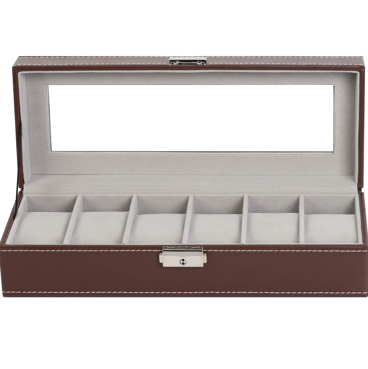 6 Slot Jewelry Storage Box Leather Display Showcase For Earrings Rings Bracelets Jewelery- Brown