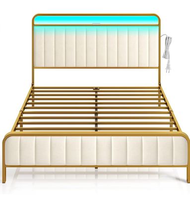 Queen Size Bed Frame with LED Light and Charging Station, Upholstered Headboard and Footboard, Metal Slat, Noise Free, Easy Assembly, Golden