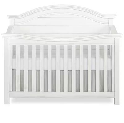 Evolur Belmar Curve 5-in-1 Nursery Crib in Weathered White, Features 3 Mattress Height Settings, Crafted from Hardwood, Wooden Nursery Furniture