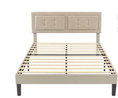 Full Upholstered Platform Bed with Height Adjustable Tufted Button Headboard, Beige