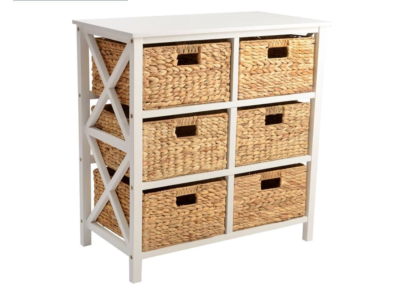 3 Tier X-Side End Storage Cabinet, table with 6 Wicker Baskets for bedroom, living room in White