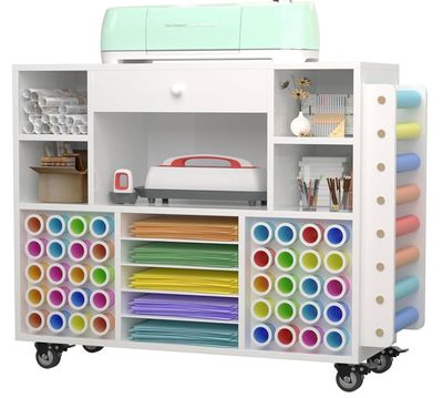 Craft organization and storage Cart Compatible with Cricut Machine, Rolling Craft Organizer With large drawer & 48 Vinyl Roll Holder, Crafting Cabinet Table Workstation for Craft Room Home