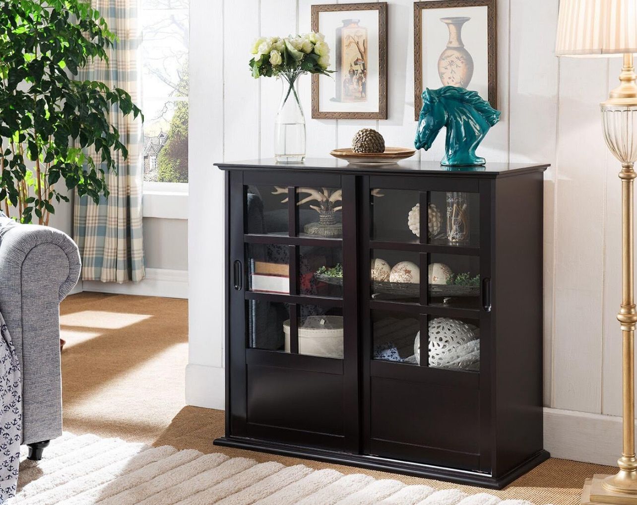 Espresso Wood Curio Cabinet with Glass Sliding Doors For Decor