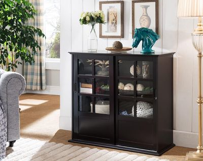 Espresso Wood Curio Cabinet with Glass Sliding Doors For Decor