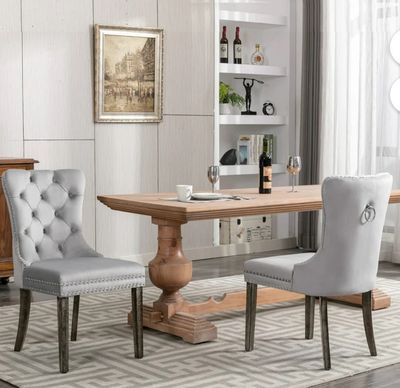 Velvet Dining Chairs Set of 2 Upholstered High-end Tufted Dining Room Chair with Nailhead Back Ring Pull Trim Solid Wood Legs, Contemporary Modern Style for Kitchen, Light Gray