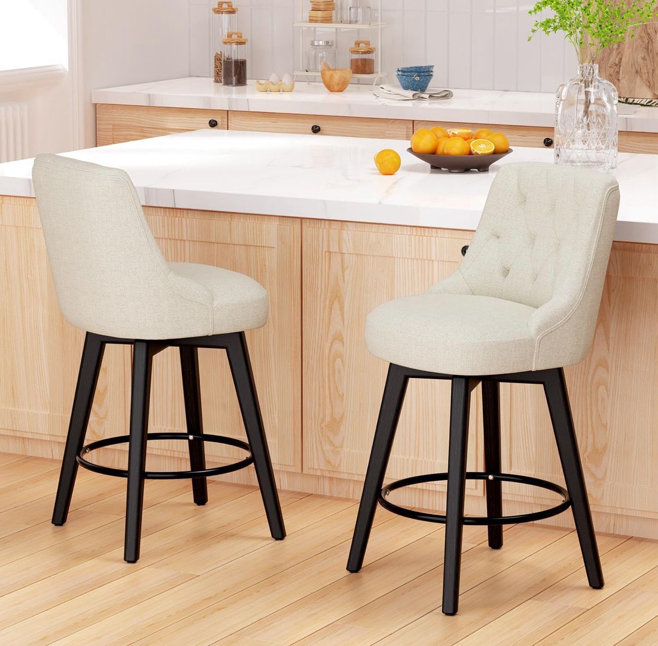 Swivel Bar Stools with Backs, Counter Stools Set of 4, 26" H Counter Height Bar Stools, Upholstered Kitchen Barstools with Solid Wood Legs,Ivory White