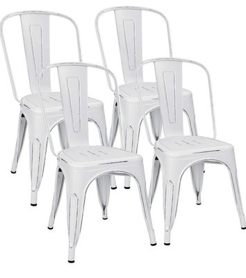 Metal Dining Chairs Indoor-Outdoor Use Stackable Side Chairs with Back Industrial Kitchen Classic Trattoria Chair Set of 4 (White)