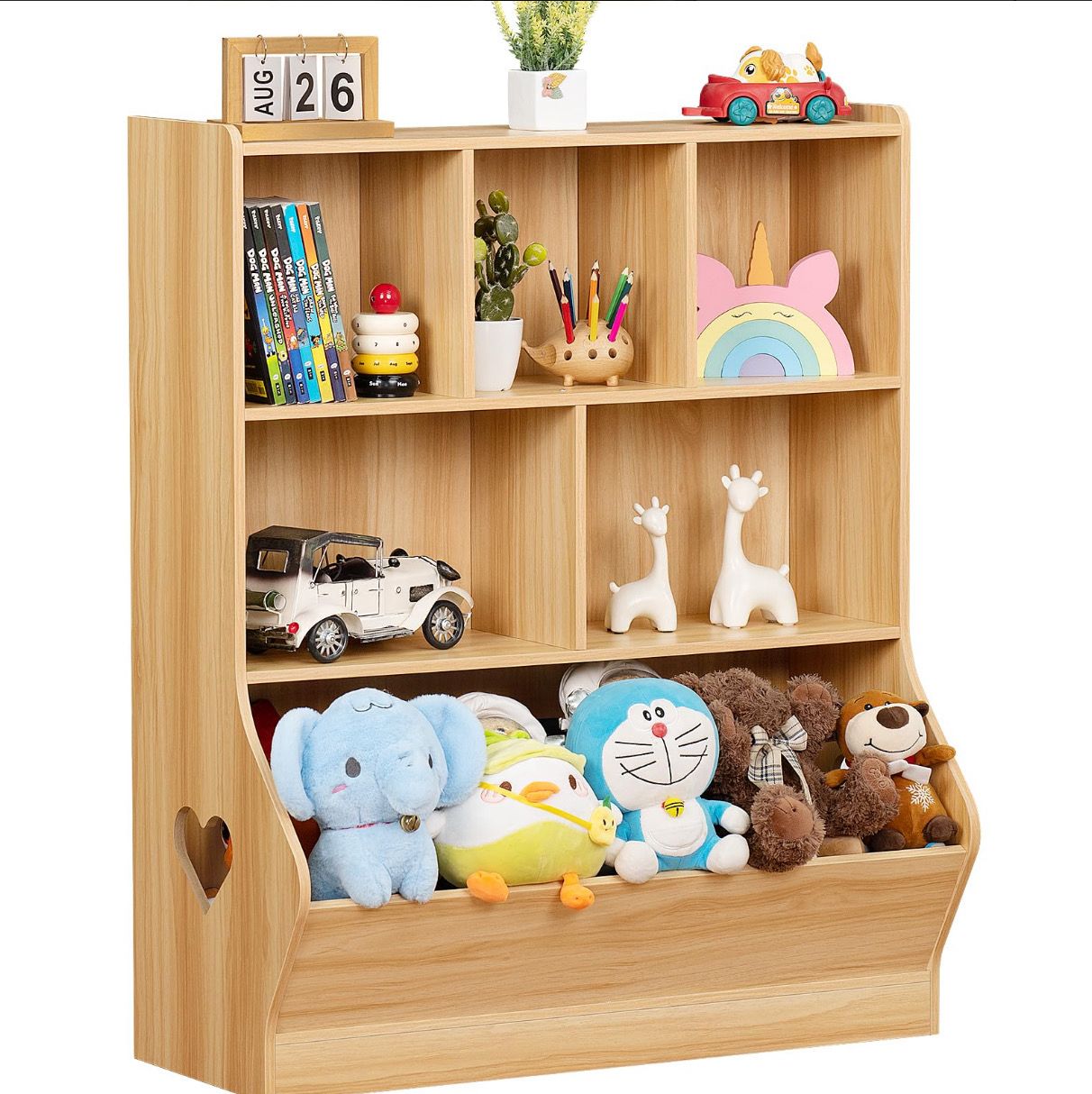 Kids Storage Organizer, 3 Tier Children Bookcase and Bookshelf, Toddler 6 Cubby Cabinet, Wood Book Shelf for Playroom, Bedroom, Living Room, Nursery, School 39.37'' H (Natural)