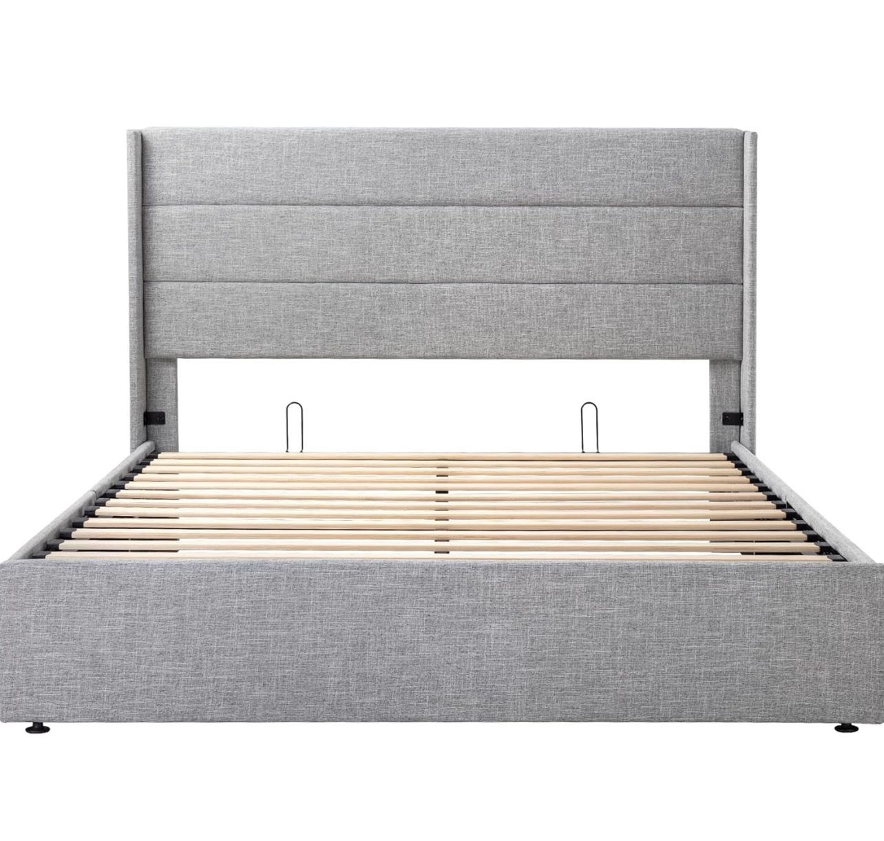 Full Size Lift Up Storage Bed/Modern Wingback Headboard/Upholstered Platform Bed Frame/Hydraulic Storage/No Box Spring Needed/Wood Slats Support/Light Grey