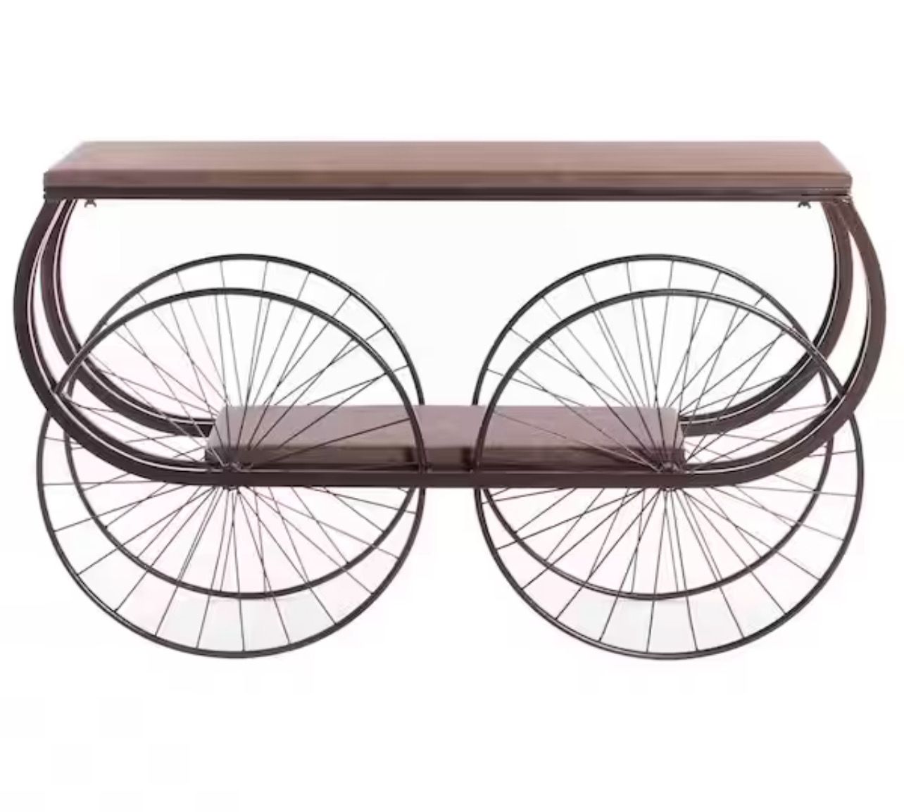 2-Tier Wagon Style Industrial Wooden and Metal Side End Table with Big Wheels