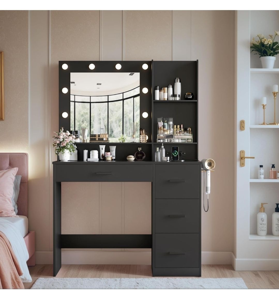 Makeup Vanity Table with 4 Drawers and 3 Storage Shelves, Adjustable 3 Lighting Colorfor Bedroom&Dressing Room (Black)