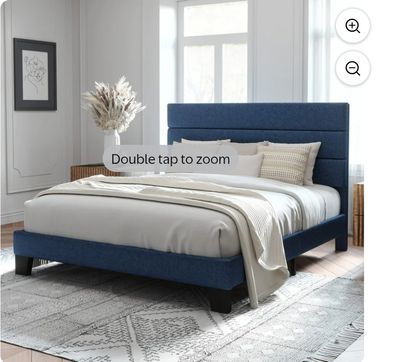 King Size Upholstered Platform Bed Frame with Tri-Panel Design Headboard -Blue