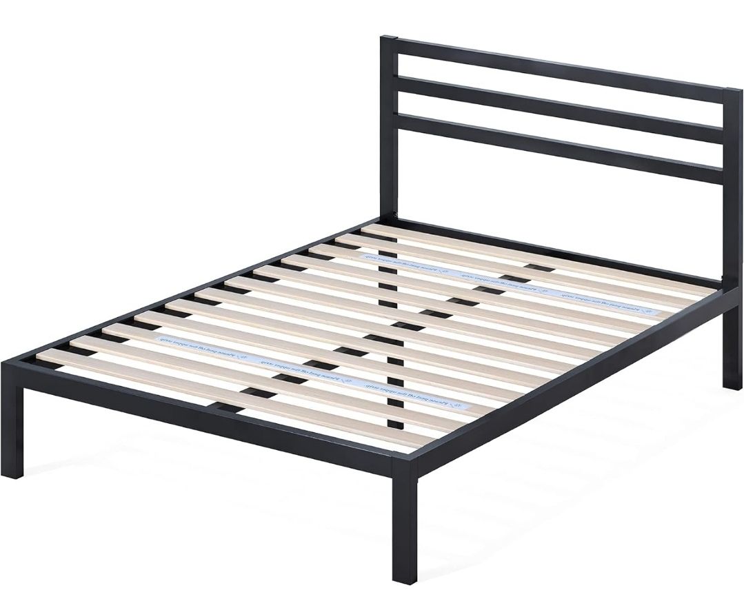 Queen Size Metal Platform Bedframe w/Headboard & Wood Slats No Box Spring Needed