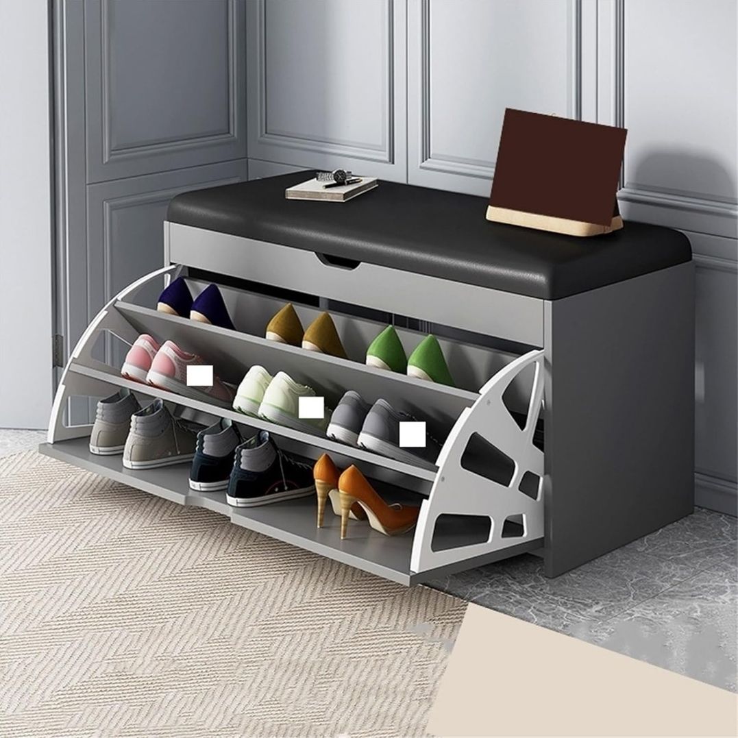 Modern Entryway Shoe Storage Bench with Flip Drawers & Padded Seat Cushion