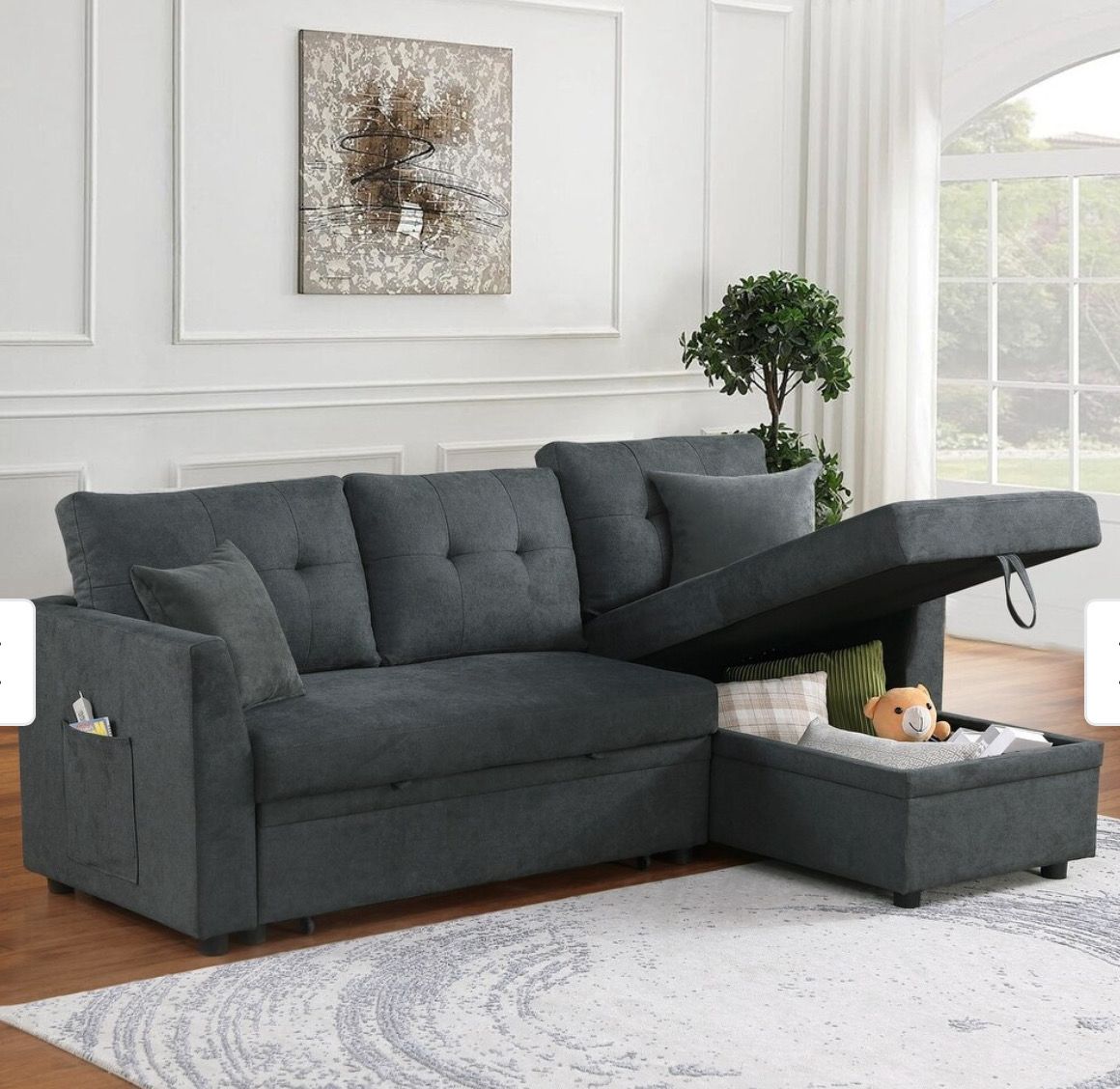 L-Shaped Sectional Sofa Bed with Pull-Out Trundle, and Hidden Storage for Living Room Comfort- Dark Grey