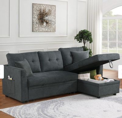 L-Shaped Sectional Sofa Bed with Pull-Out Trundle, and Hidden Storage for Living Room Comfort- Dark Grey