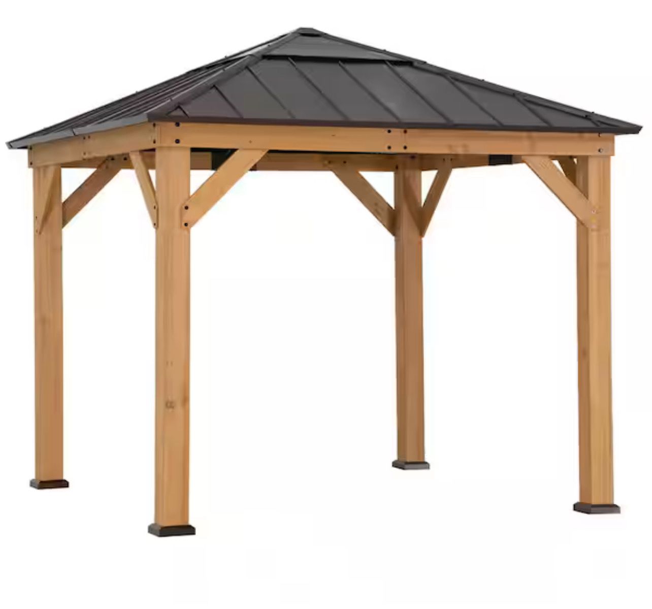 9 ft. x 9 ft. Cedar Framed Gazebo with Brown Steel and Polycarbonate Hip Roof Hardtop and Ceiling Hook for Garden