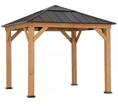 9 ft. x 9 ft. Cedar Framed Gazebo with Brown Steel and Polycarbonate Hip Roof Hardtop and Ceiling Hook for Garden