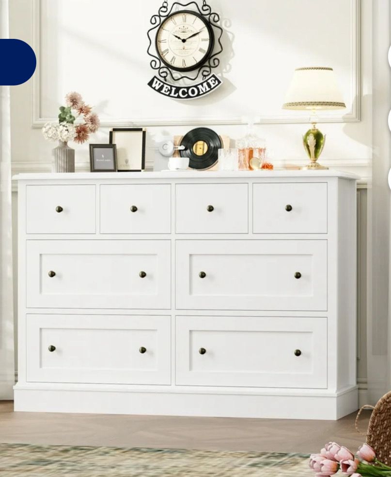 Homfa 8 Drawer Horizontal Combo Dresser for Bedroom, Modern White Chest of Drawers Wood Storage Cabinet for Living Room
