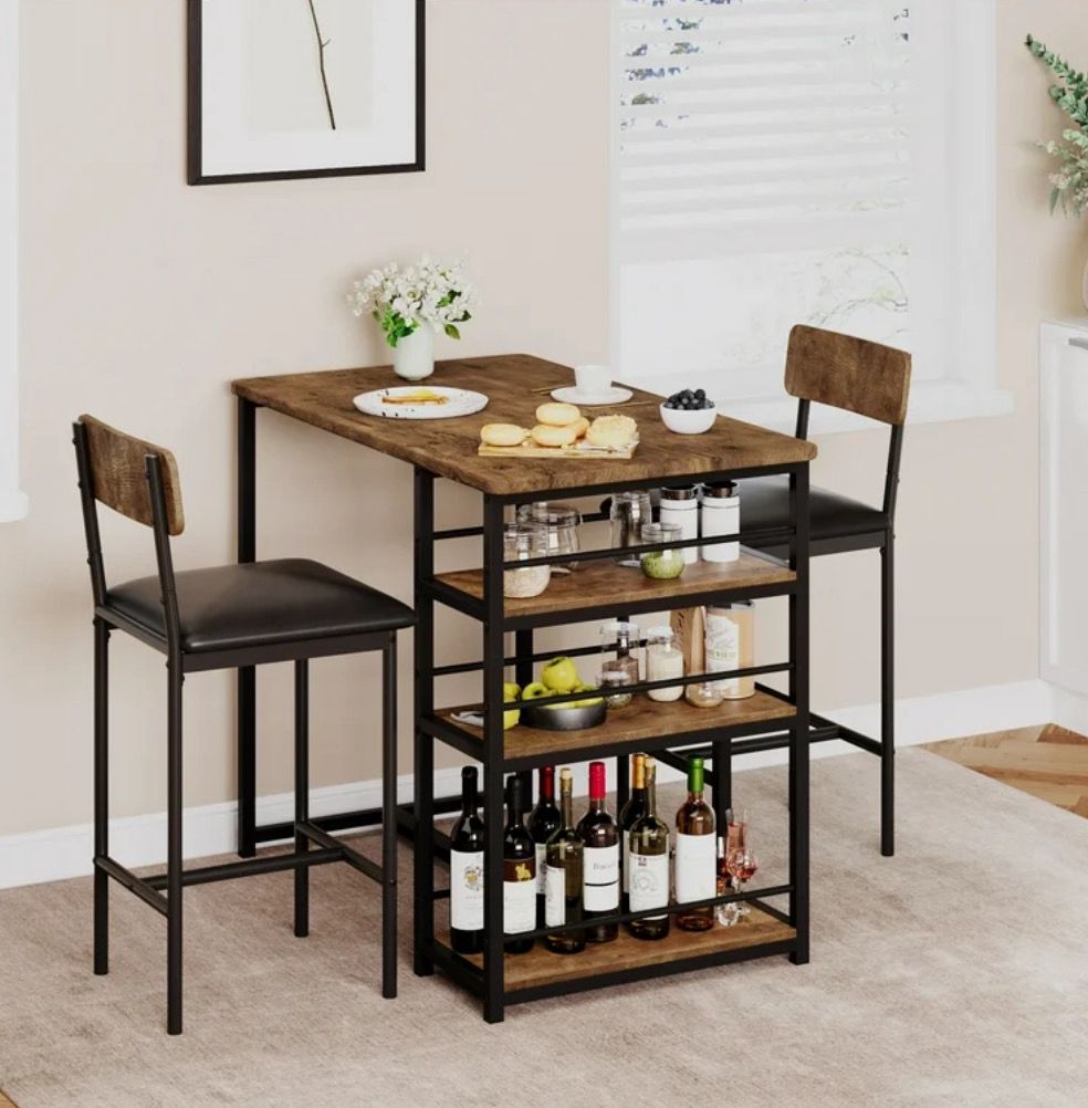 Dining Table Set for 2, Bar Table and Chairs for 2, Kitchen Table Set with 2 Upholstered Chairs, 3 Large Storage Shelves, Pub Table Set for Small Space, Apartment, Breakfast Dining Table Set for 2, Bar Table and Chairs for 2, Kitchen Table Set with 2 Upholstered Chairs, 3 Large Storage Shelves, Pub Table Set for Small Space, Apartment, Breakfast