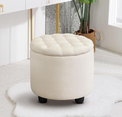 19 19" Round Storage Ottoman with Cover Lid, Tufted Round Ottoman with Storage Linen Fabric Ottomans for Living Room Bedroom Dorm (Beige)