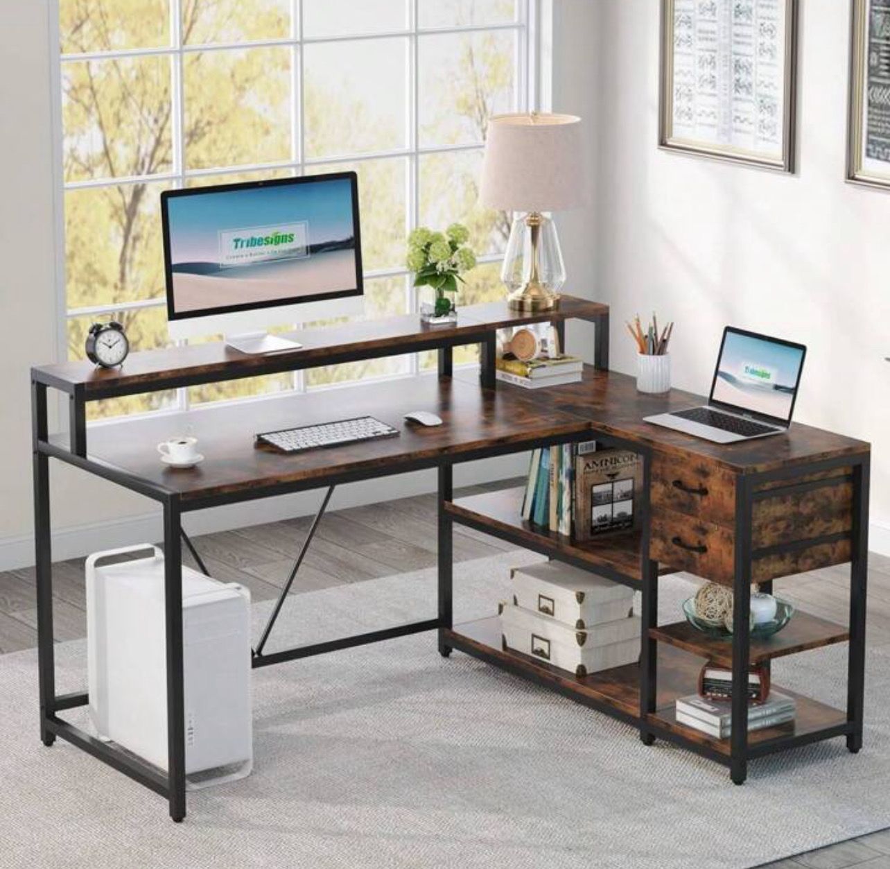Tribesigns Reversible L Shaped Desk With Drawer, Industrial Corner Desk Home Office Table With Storage Shelves And Monitor Stand, Rustic Wooden And Metal PC Desk For Small Space Tribesigns Reversible L Shaped Desk With Drawer, Industrial Corner Desk Home Office Table With Storage Shelves And Monitor Stand, Rustic Wooden And Metal PC Desk For Small Space