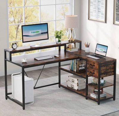 Tribesigns Reversible L Shaped Desk With Drawer, Industrial Corner Desk Home Office Table With Storage Shelves And Monitor Stand, Rustic Wooden And Metal PC Desk For Small Space Tribesigns Reversible L Shaped Desk With Drawer, Industrial Corner Desk Home Office Table With Storage Shelves And Monitor Stand, Rustic Wooden And Metal PC Desk For Small Space