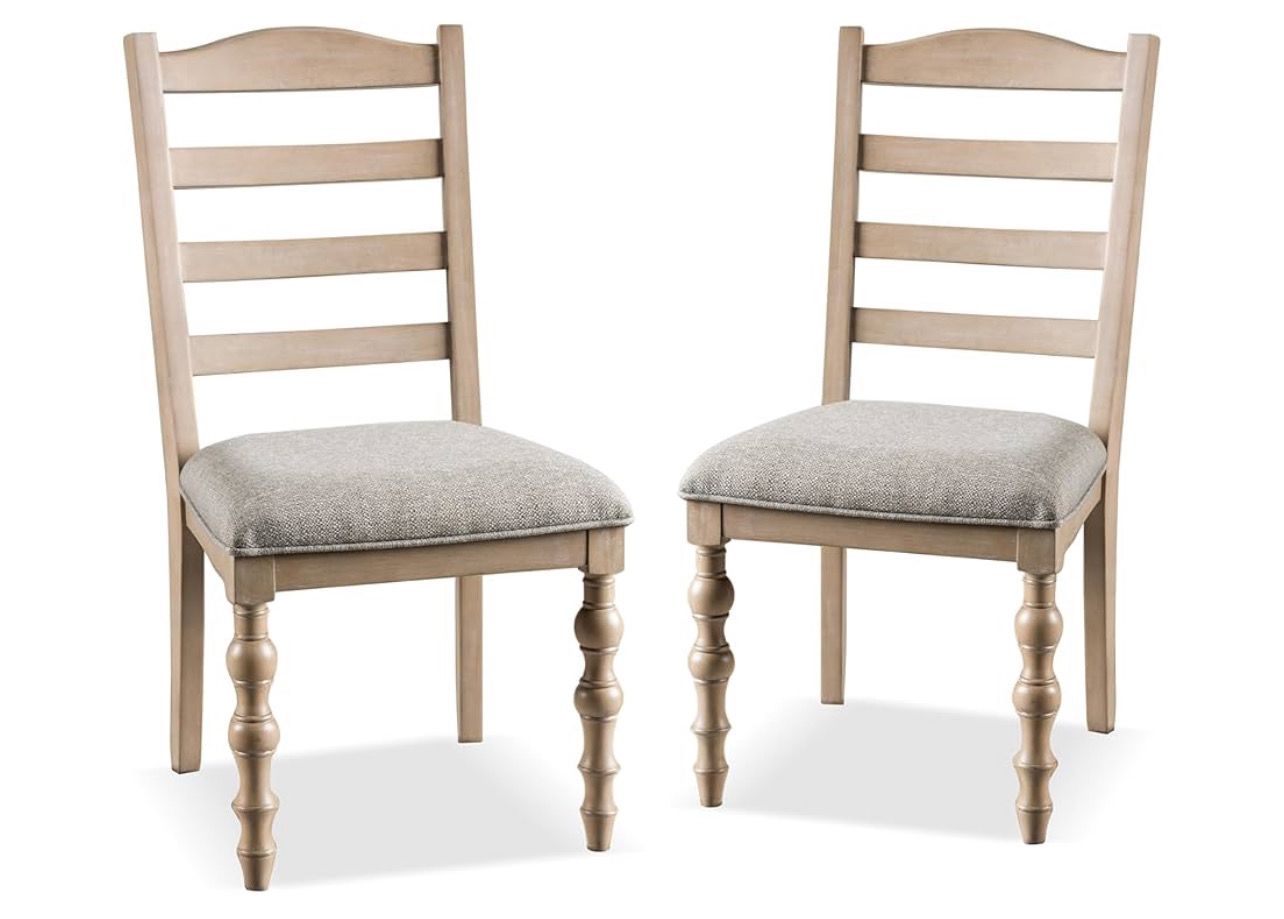 Shelimar Fabric Padded Seat Side Chairs with Wooden Frame and Turned Legs, Ladder Back Accent Seating for Dining Room, Home Kitchen, Light Washed White ( Set Of 4) Shelimar Fabric Padded Seat Side Chairs with Wooden Frame and Turned Legs, Ladder Back Accent Seating for Dining Room, Home Kitchen, Light Washed White ( Set Of 4)