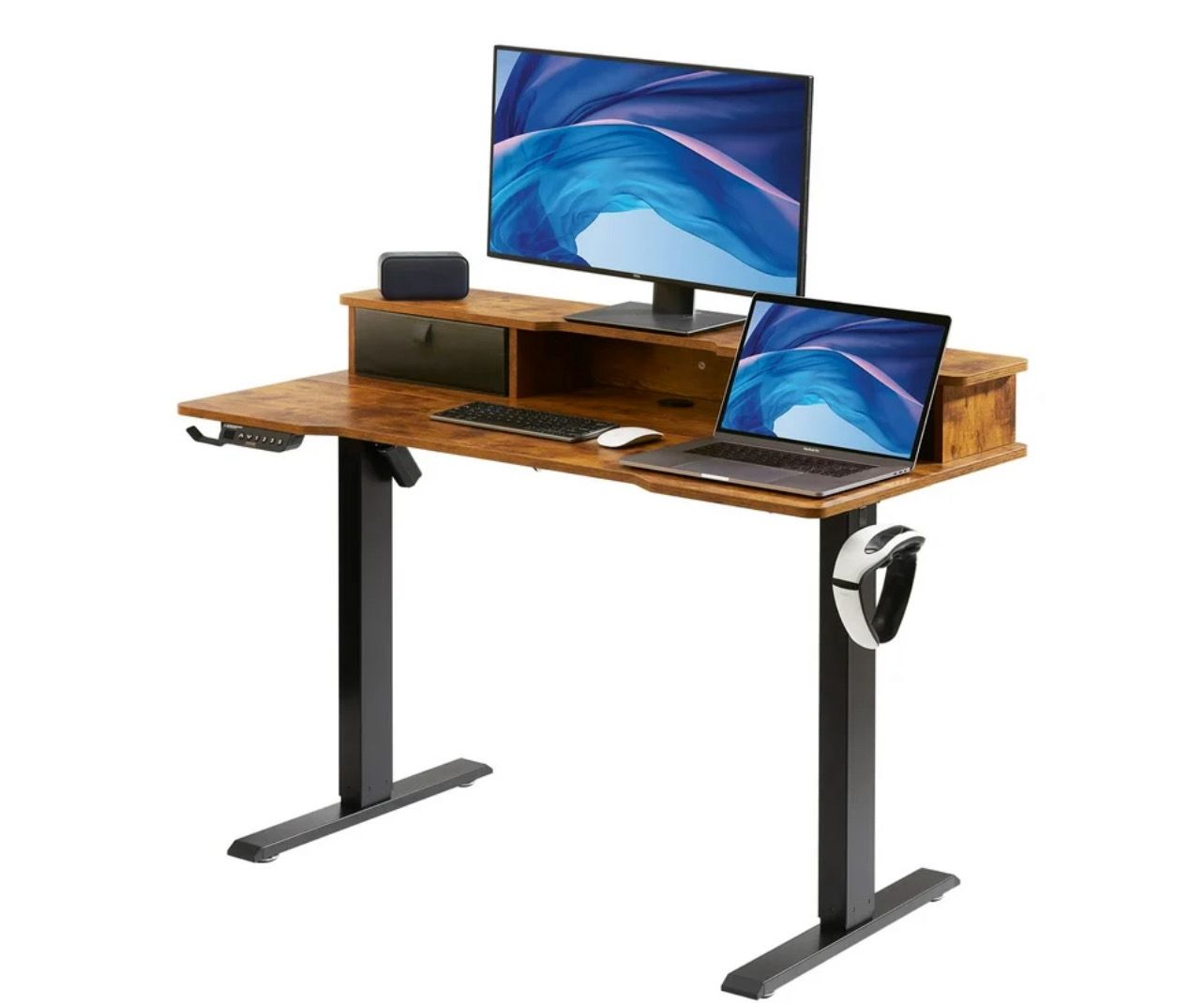 Electric Adjustable Height Standing Desk 47.2 Electric Adjustable Height Standing Desk 47.2"x23.6" Dual Monitor Riser Workstation Stand Up Table with Storage Shelf, Sit Stand Desk with Double Drawers Black Frame/Rustic Brown Top