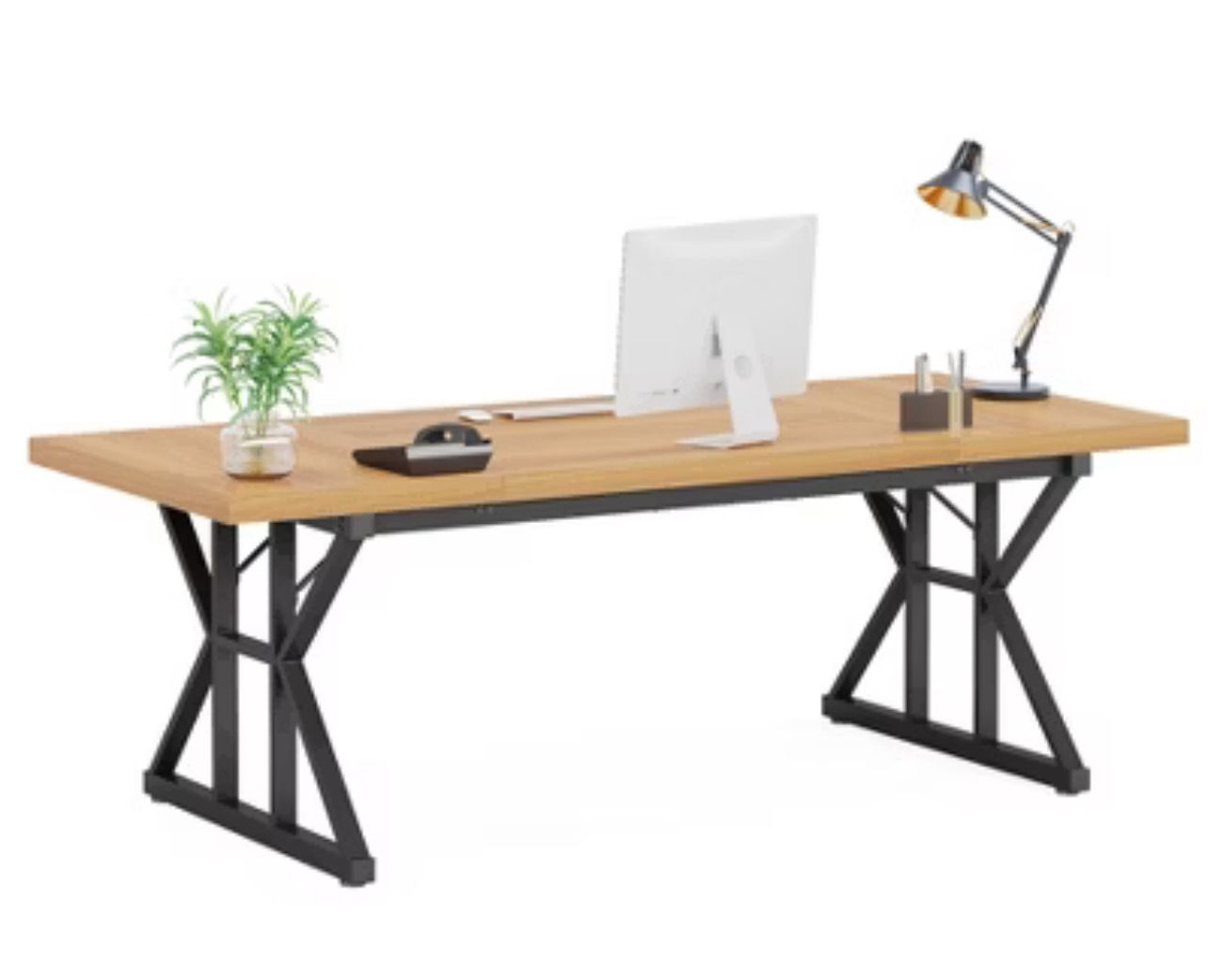 70.8-Inch Executive Desk, Large Computer Office Desk Workstation - 70.86” L x 31.49” W - Light Walnut/Black
