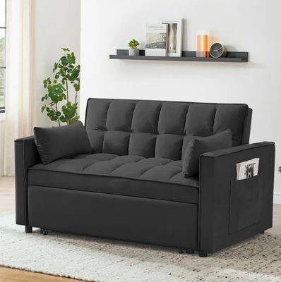 Modern Convertible Sofa Bed with Pull Out Bed,Velvet Convertible Sleeper Sofa Bed with Adjustable Backrest & Toss Pillows & Side Pockets,Upholstered Loveseat Sofa Couch for Living Room Office,Black