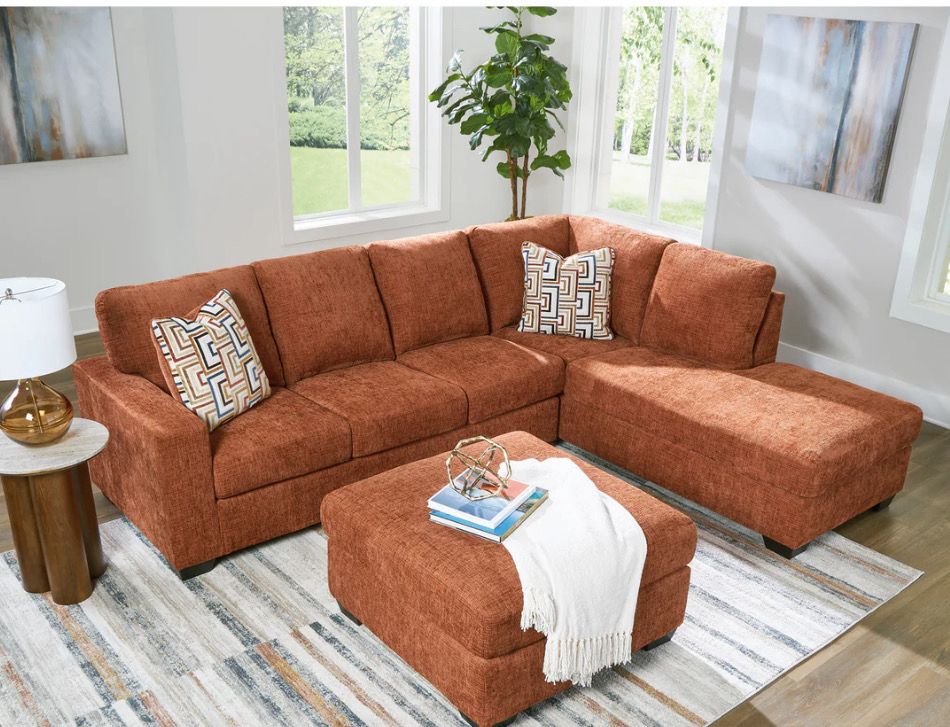 Aviemore 2-Piece Sectional with Chaise With Large Ottoman- Burnt Orange