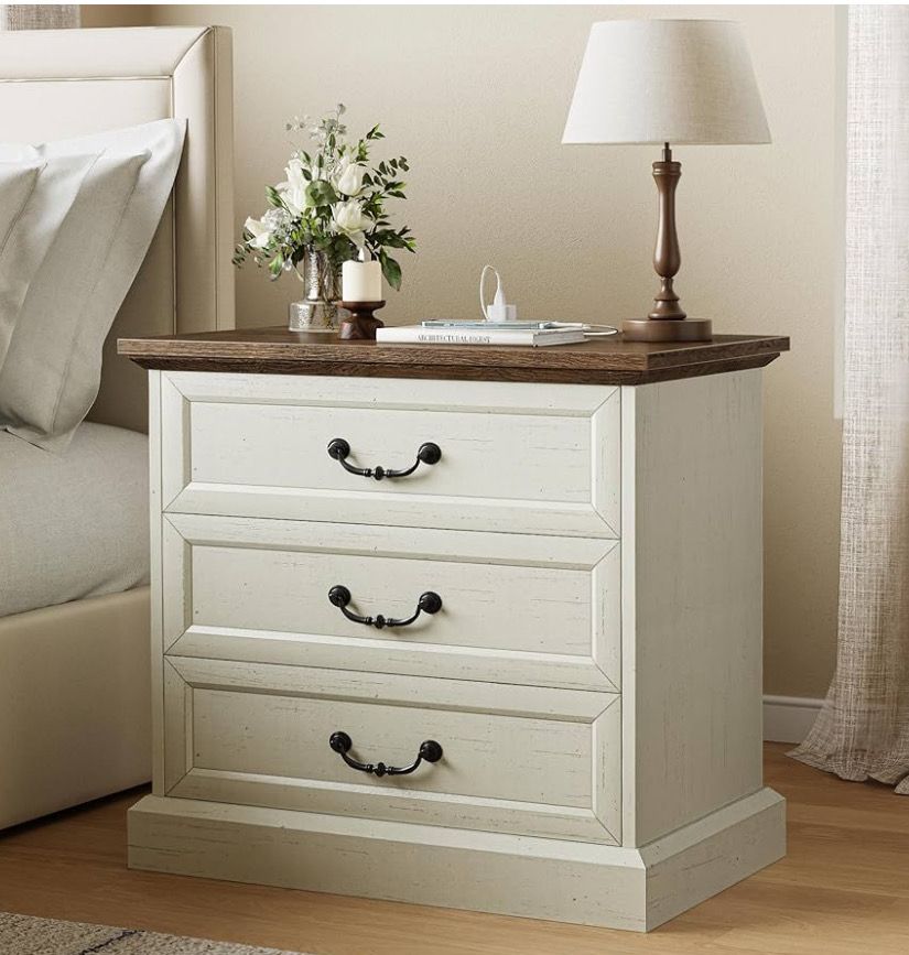 Nightstand with Charging Station, 3 Drawer Night Stand, 22 Inch Wider Side Table with Storage, Farmhouse Nightstand with Vintage Handles, Thicken Base, for Bedroom, Distressed White Nightstand with Charging Station, 3 Drawer Night Stand, 22 Inch Wider Side Table with Storage, Farmhouse Nightstand with Vintage Handles, Thicken Base, for Bedroom, Distressed White