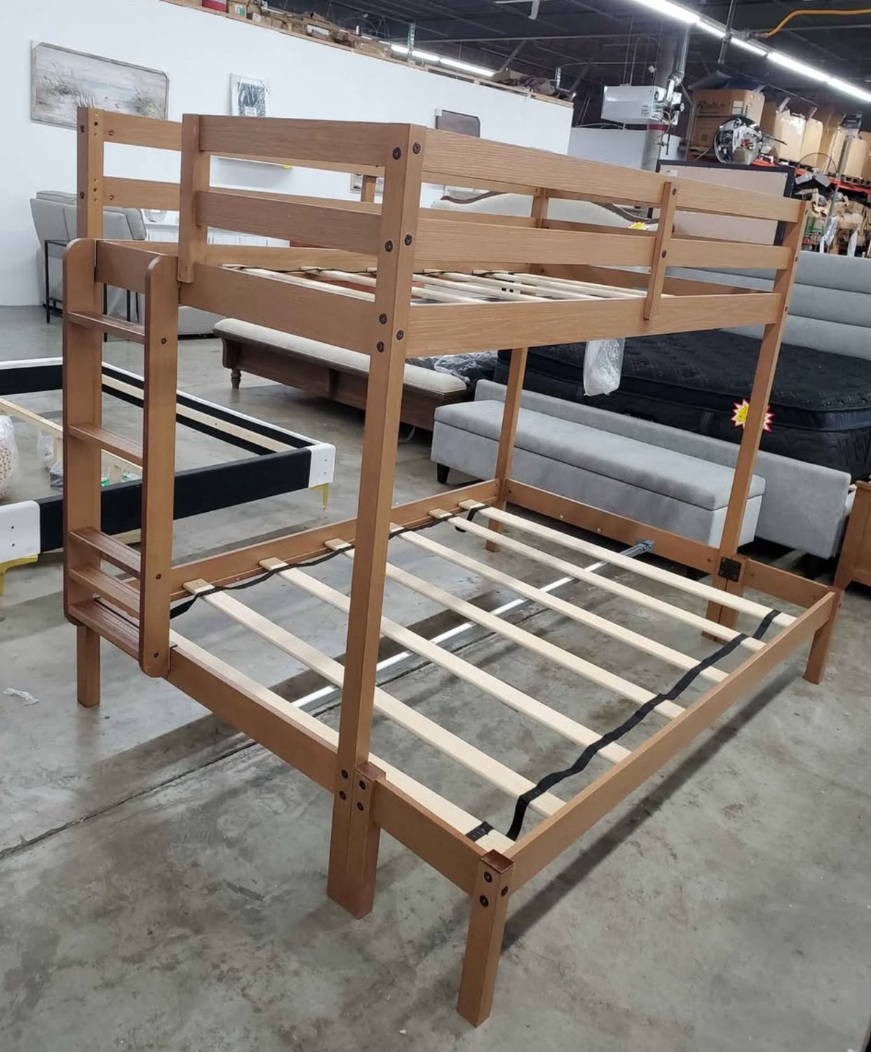 Twin over full bunkbed Plywood Bunk with Ladder, Guardrail, and Slats-Oak Embossed Pecan