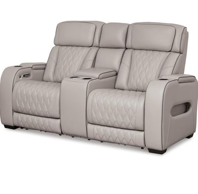 Signature Design by Ashley Boyington Contemporary Leather Match Power Reclining Loveseat with Console and USB Charging Ports, LED Lights and Adjustable Headrest, Light Gray Signature Design by Ashley Boyington Contemporary Leather Match Power Reclining Loveseat with Console and USB Charging Ports, LED Lights and Adjustable Headrest, Light Gray