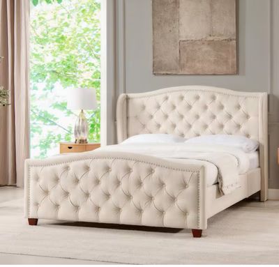 Jennifer Taylor Fontana Beige Upholstered Wood Frame King Platform Bed with Wingback Headboard