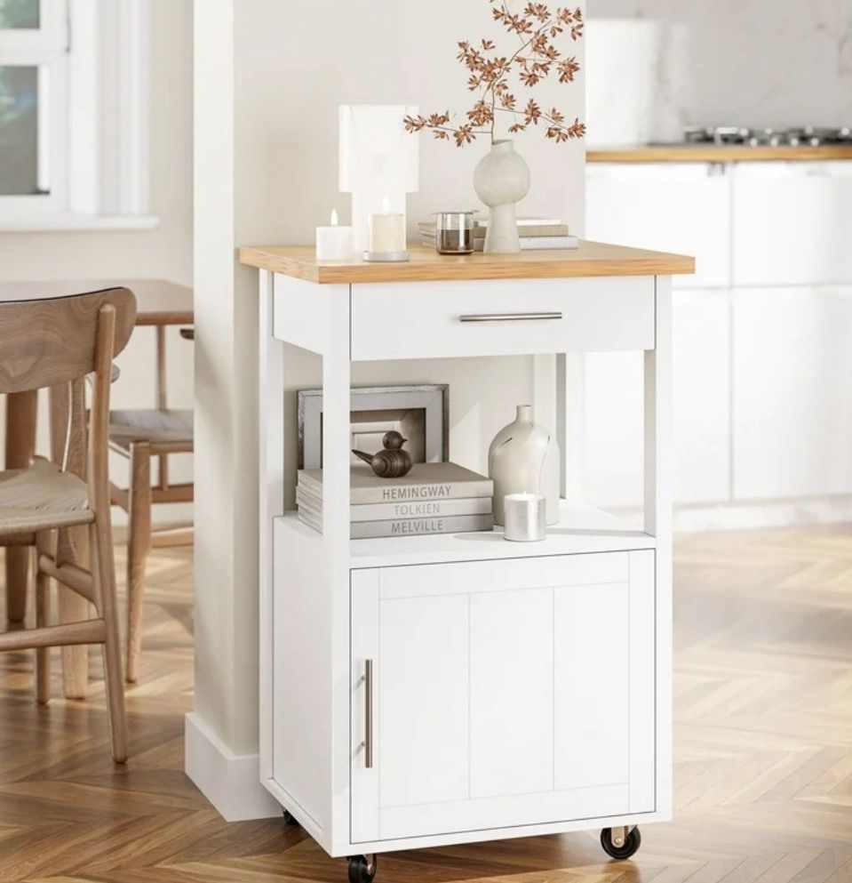 Kitchen Island on Wheels with Storage, Kitchen Cart with Drawer and Countertop, Single Door Rolling Storage Cabinet, White