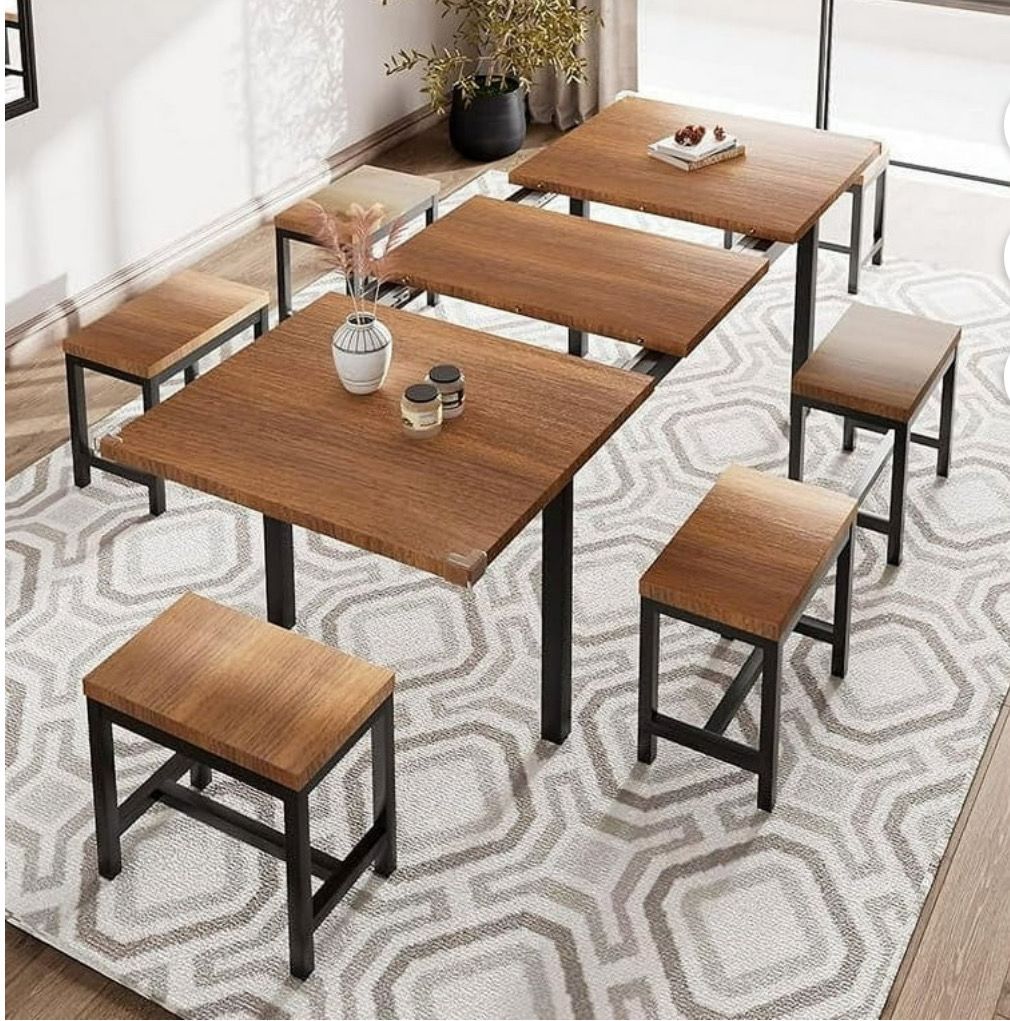 Dining Table Set, 7-Piece Extendable Table from 63 Dining Table Set, 7-Piece Extendable Table from 63" Large Extendable Kitchen Table Set for 4-8 People, Mid-Century Dining Room Table with 6 Square Stools,Walnut