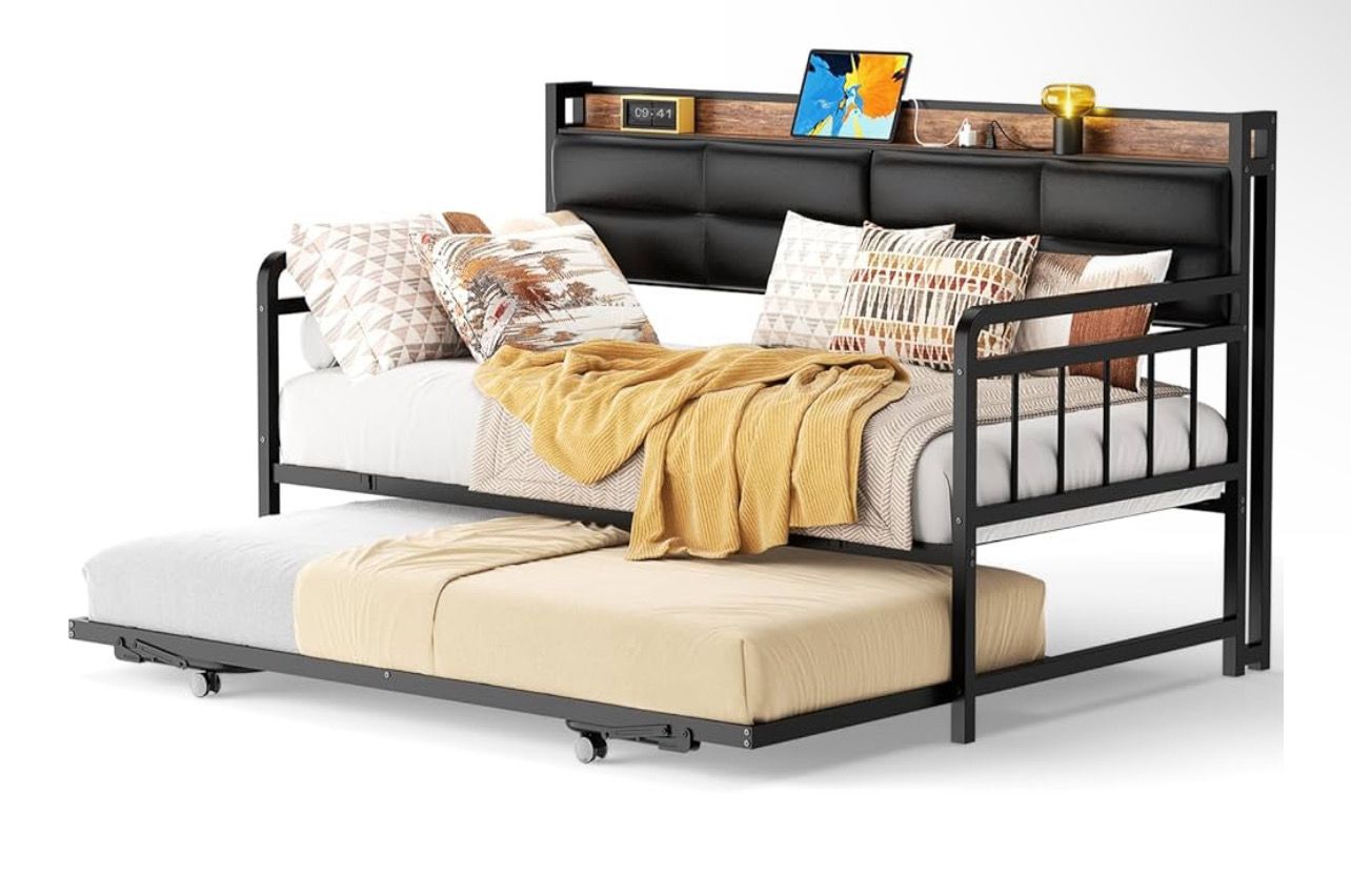 Daybed with Trundle, Twin Bed Frame with Upholstered Headboard and Charging Station, Sturdy Metal Sofa Bed with Steel Slat Support for Living Room, Bedroom and Guest Room, Grey Daybed with Trundle, Twin Bed Frame with Upholstered Headboard and Charging Station, Sturdy Metal Sofa Bed with Steel Slat Support for Living Room, Bedroom and Guest Room, Grey