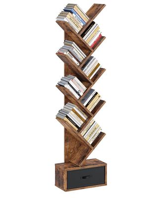 Tree Bookshelf with Drawer, 9 Shelf Bookshelf, Wooden Bookcase Storage Rack for CDs/Movies/Books, Corner Bookshelves, Utility Organizer Shelves for Living Room, Bedroom, Rustic Brown