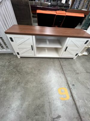 Modern Farmhouse Barn Door TV Stand for TVs up to 65”, White/Barnwood