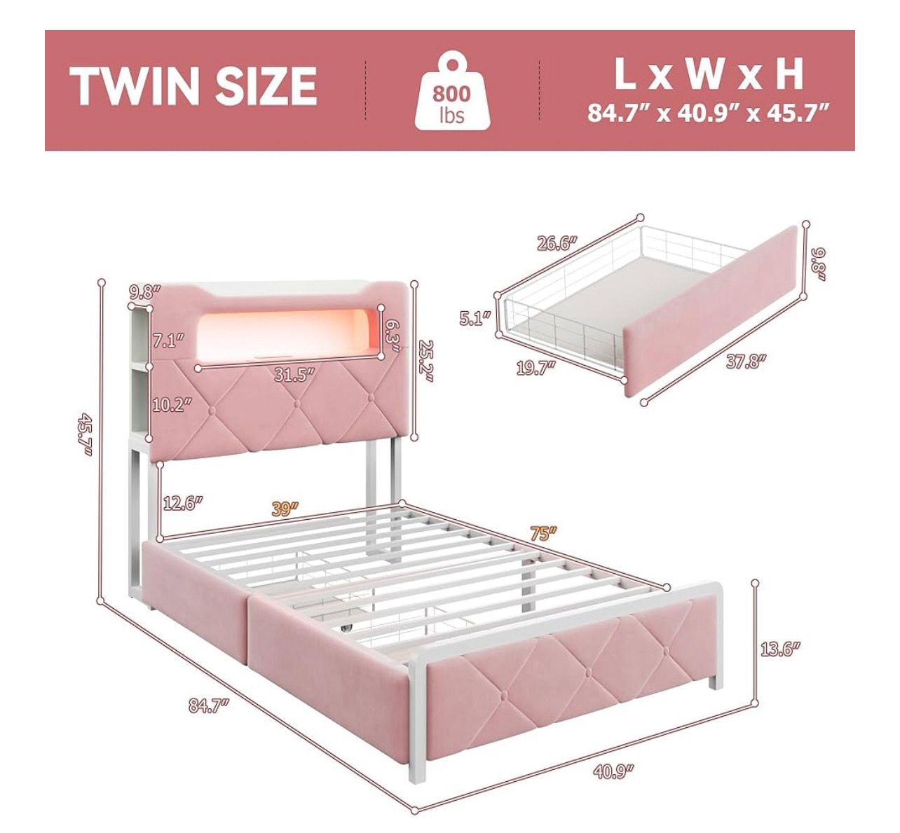 Twin Upholstered LED Bed Frame with 2 Storage Drawers and 2-Tier Storage Bookcase Headboard, Velvet Princess Platform Bed for Kids/Girls/Boys, Heavy Duty Metal Support, No Box Spring Needed, Pink Twin Upholstered LED Bed Frame with 2 Storage Drawers and 2-Tier Storage Bookcase Headboard, Velvet Princess Platform Bed for Kids/Girls/Boys, Heavy Duty Metal Support, No Box Spring Needed, Pink