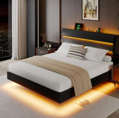 Floating Full Size Bed Frame with LED Lights & Charging Station, Platform Bed with Wooden Storage Headboard, Black.